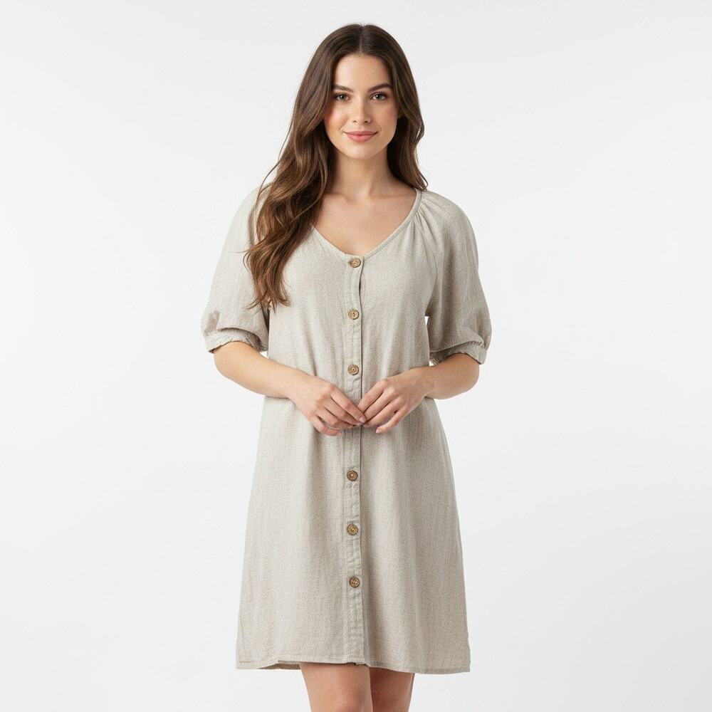 Naif Anthropologie Beige Oatmeal Linen Blend Button Front Mini Dress Large Flowy